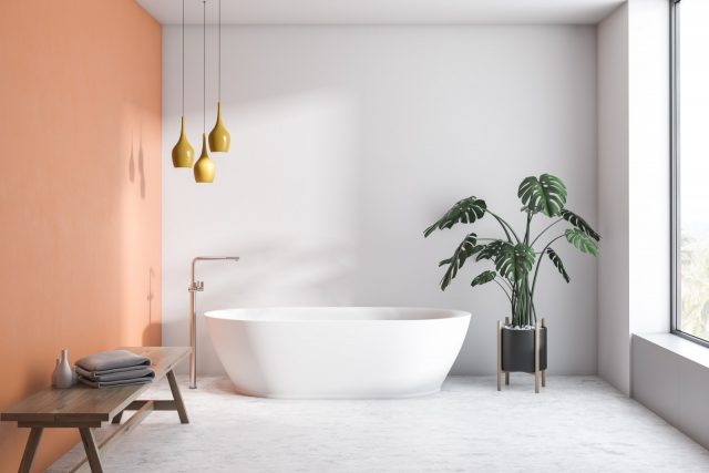 cat peach, cat oranye, bathroom inspiration, inspirasi kamar mandi, unique bathroom, kamar mandi unik, bathroom paint, bathroom color, cat kamar mandi, warna toilet