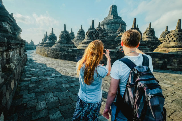 The tourists are capturing the Borobudur temple sarhunta program indonesia
