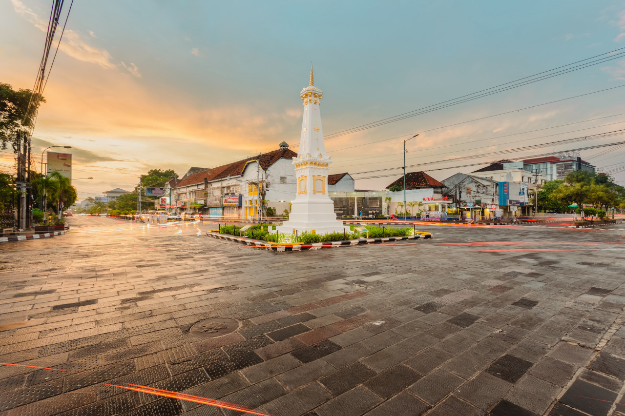 Yogyakarta, Indonesia - 21 April 2018: Tugu Jogja, or Known as Tugu Pal is the Iconic Landmark of Yogyakarta.